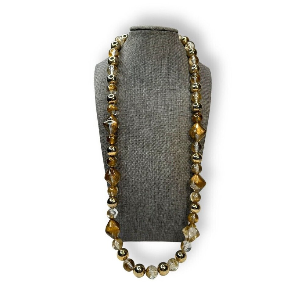 Vintage Arthur David Marbled Gold Acrylic Lucite Bead Necklace 30" UV Reactive